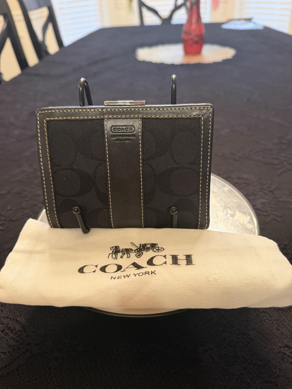 Coach Black Signature Compact Wallet with Leather Trim EUC